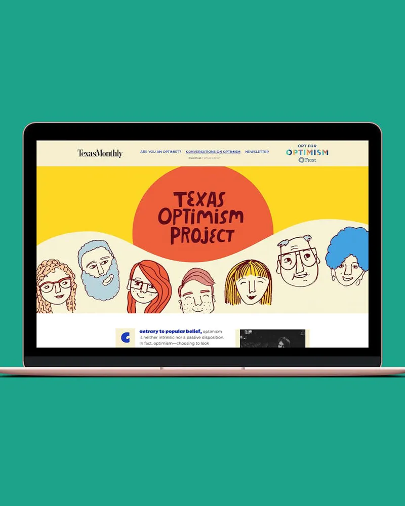 A laptop showing the Texas Optimism Project website from Texas Monthly and Frost Bank