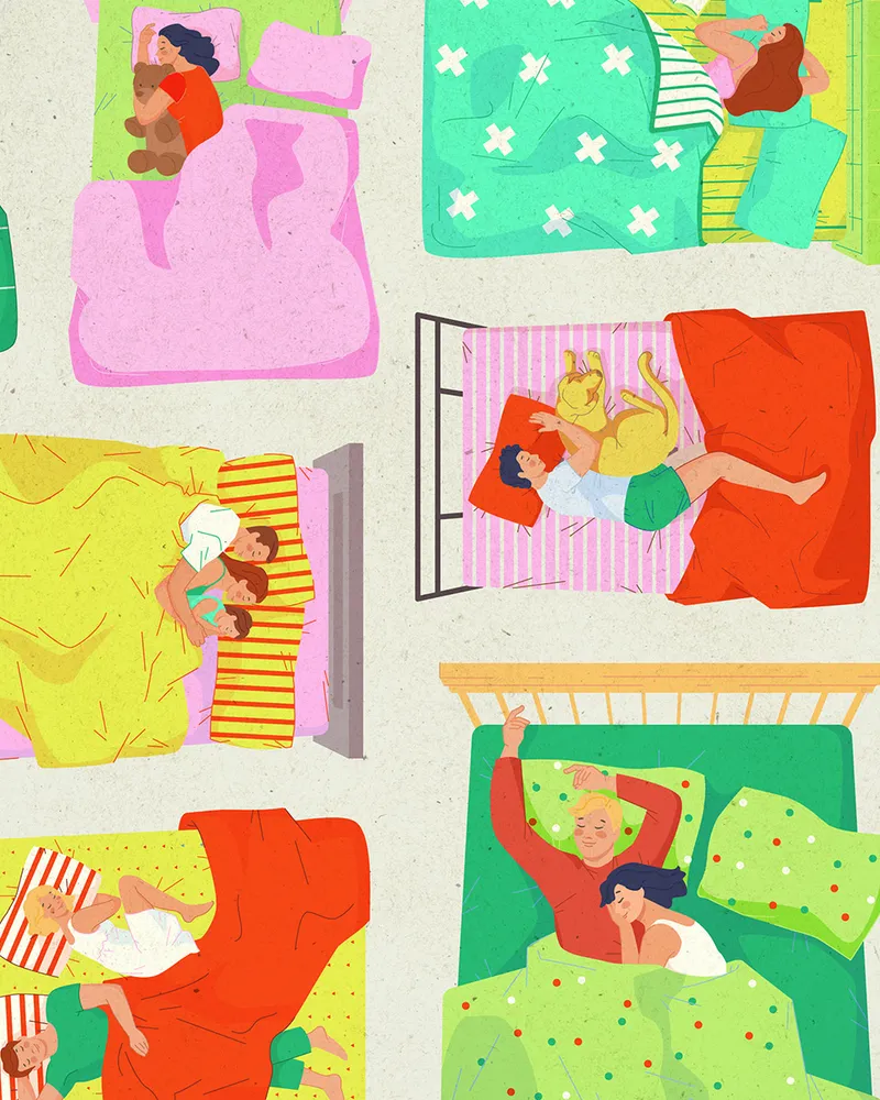 Illustration of people sleeping in a patchwork of colorful beds, seen from above.